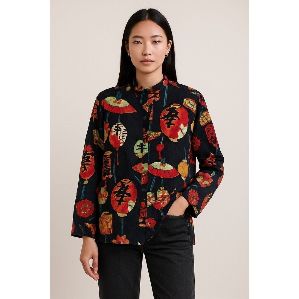 Vintage Chico’s 100% Silk Lantern Festival Print Oversized Blouse Size 8
